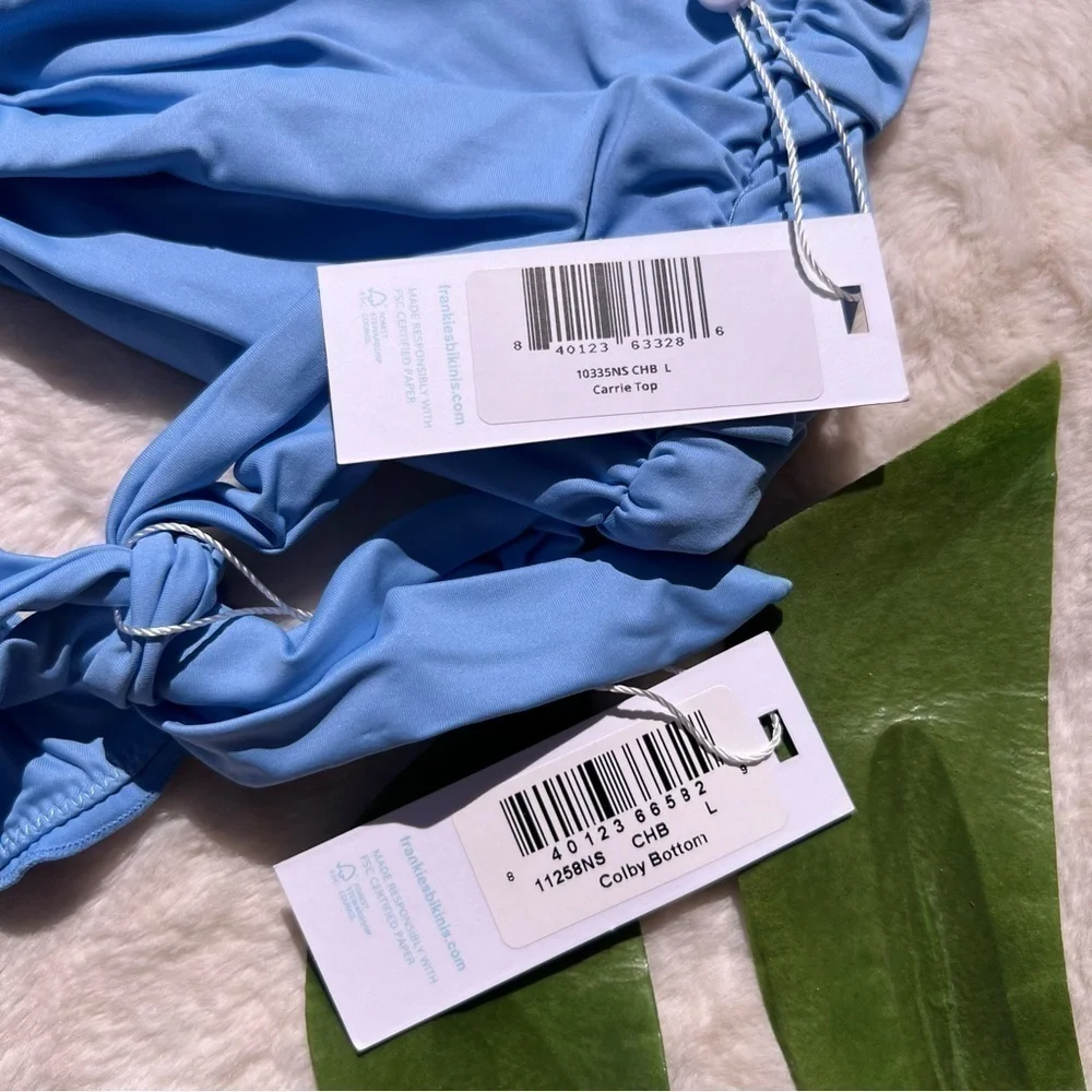Frankie’s Bikinis Carrie Knot Top Colby Tie Side Bikini Set Chambray Blue NWT
